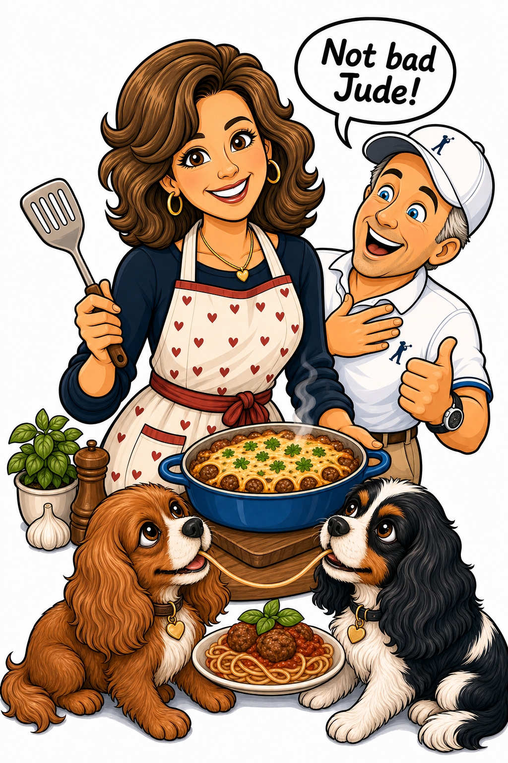 Judy cooking with Ron Rooney beside her, and Teddy and Thunder sharing dinner below